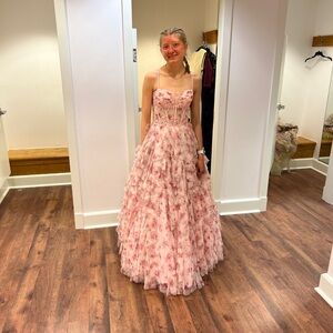 Floral Pink Gown with Spaghetti Straps